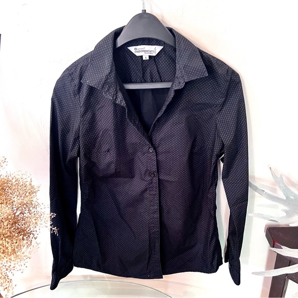 Polka dots button up feminine collared Shirt in dark navy blue - Picture 1 of 7